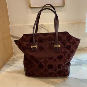 COACH Taylor Op Art Alexis Plum purple Shoulder Carry All Tote Bag outer pocket